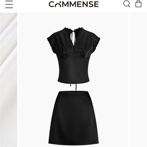 Lace Trim Satin Skirt Set - Black Commense